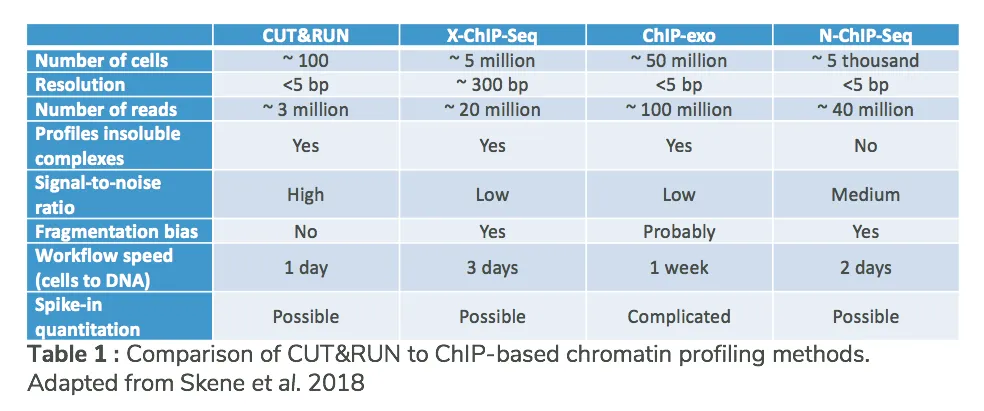 Comparison of CUT&RUN vs ChIP-based chromatin profiling methods